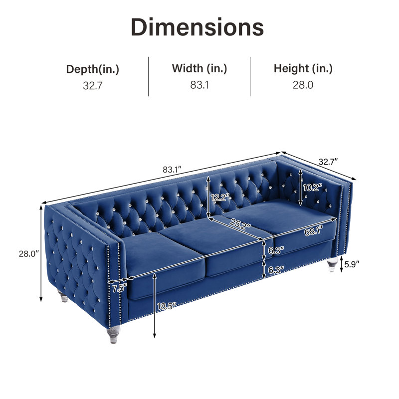Egidia 83.07'' Velvet Sofa, Blue Velvet