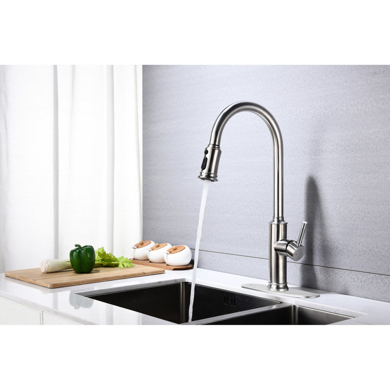 Kitchen Faucet With Pull Out , 360 Rotating High Nozzle, Three Water Output Modes, Single Lever Temperature And Flow Management, Brushed Nickel Stainless, Rust Treatment, Aerated Splash- Bubble