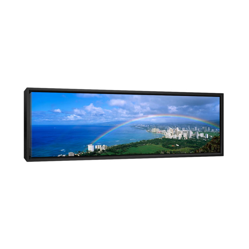 «Rainbow Over A City, Waikiki, Honolulu, Oahu, Hawaii» par Panoramic Images - reproduction d'art sur toile, Cadre noir