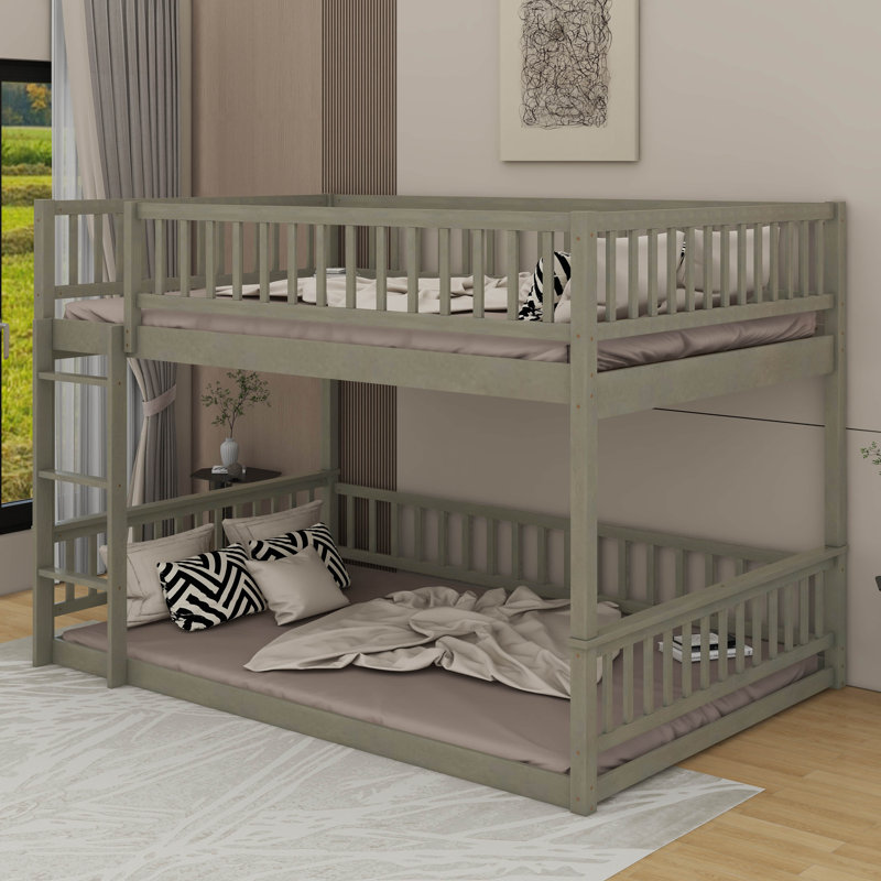 Queen Over Queen Bunk Bed With Ladder And Guardrails, Gray