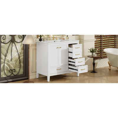 Meuble-lavabo 36 po avec lavabo, armoire de salle de bain avec porte à fermeture en douceur, 4 tiroirs de différentes tailles, structure et pieds en bois massif, deux ensembles, blanc (même SKU: N759P293646K)