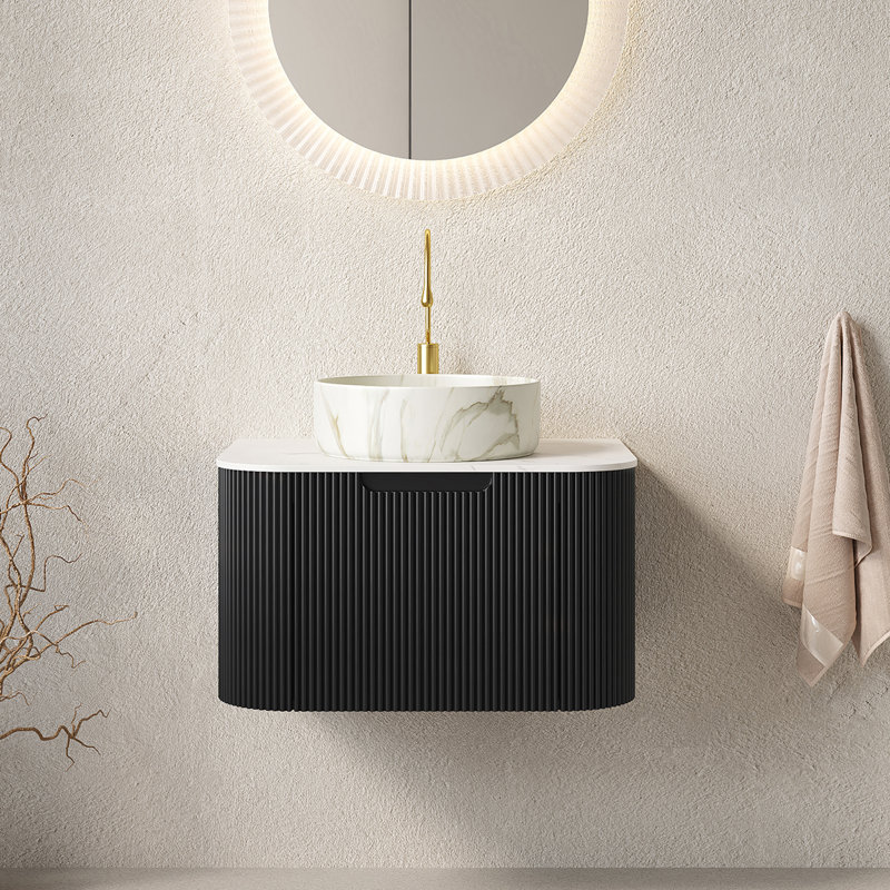 Ensemble de meuble-lavabo mural en céramique 2 pièces 24 po, noir, avec lavabo en céramique, armoire latérale 24 po, Noir