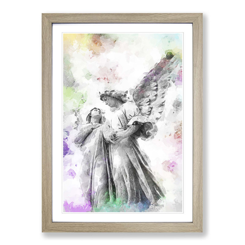 Angel Statue In Abstract - Single Picture Frame Painting, 45cm H x 33cm W x 2cm D, Oak Framed