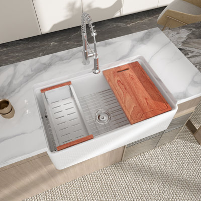 33" L X 20" W Farmhouse Kitchen Sink Workstation Sink White Ceramic Kitchen Sink Single Bowl Sink