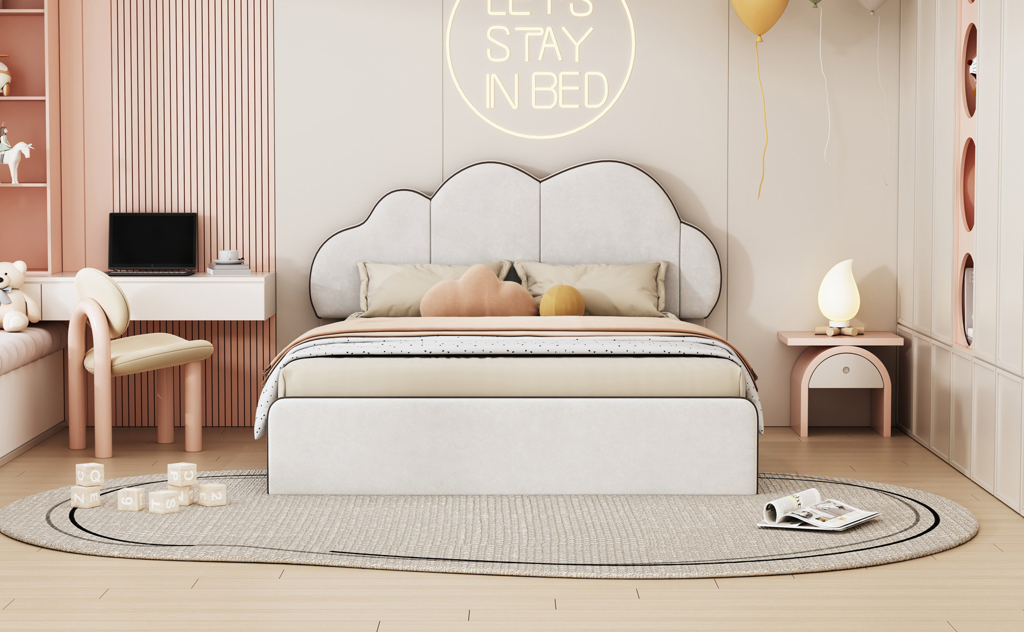 Ebern Designs Queen Size Upholstered Platform Bed With Cloud-Shaped ...