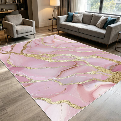 1pièce de tapis à motif abstrait à encre alcoolisée en marbre veiné or rose pour le salon, doux et confortable, adapté à toutes les saisons, facile à entretenir, tapis de sol intérieur lavable à la machine, sous la table de ferme convenant à la salle à manger, la chambre à coucher,