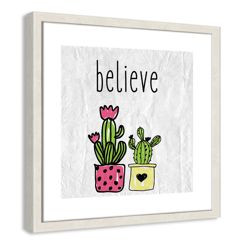 Cactus B, art encadré, 16" H x 16" W x 1.18" D, Encadré de boîte à grain de bois blanc