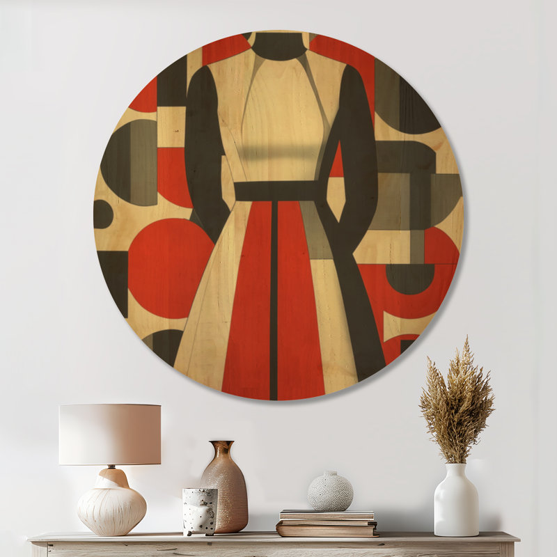Robe Mod en rythme graphique II - Tableau mural rond rétro rouge en bois, Rond 36 po