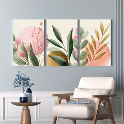 Ensemble de 3 toiles abstraites représentant des feuilles et des baies, idéal pour la décoration du salon et de la chambre.