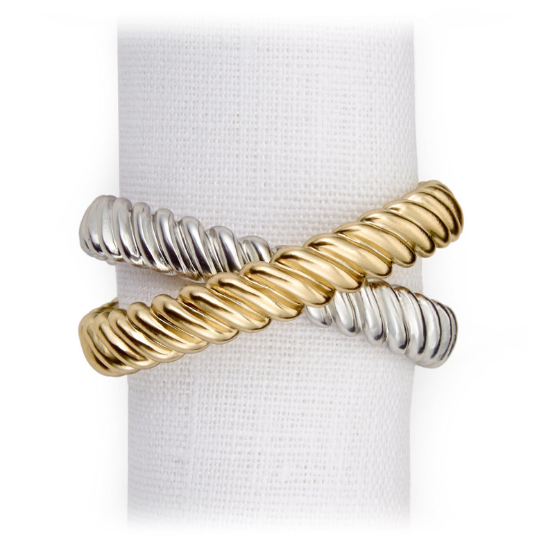 Gold Deco Twist Rings - Set/4, Gold/Platinum
