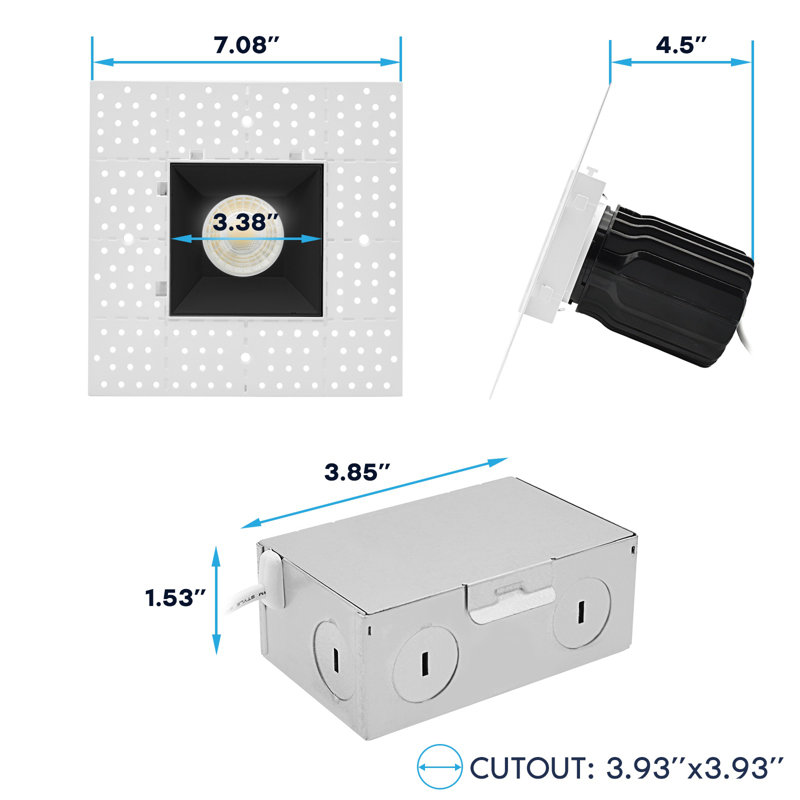 Projecteur encastré sans cadre à DEL 3 pouces avec garniture emboîtable LUXRITE, Twist N 'Lock, 5CCT, 15W, 1000LM, CRI90, faisceau à 38 °, intensité variable, paquet de 4 ETL