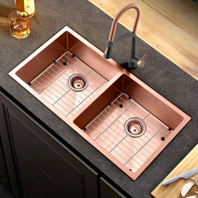HIGOLD 33" L Undermount Double Bowl 16 Gauge 304 Stainless Steel Kitchen Sink, Rose Gold