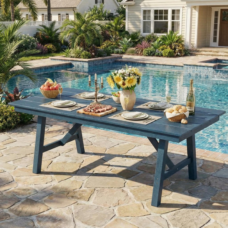 66.9” Outdoor Dining Table for 4-6, HDPE Patio Garden Table with Umbrella Hole, Waterproof & All-Weather Resistant, Blue/Navy