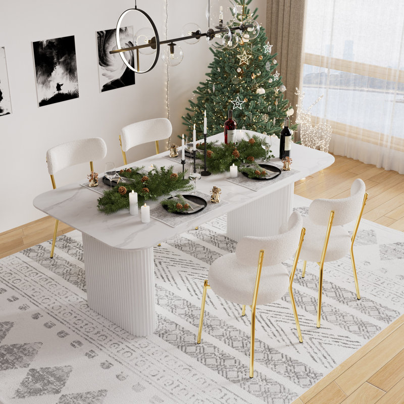 Ensemble de salle à manger rectangulaire à double piédestal avec table de salle à manger de style crème, 5, Blanc / Doré