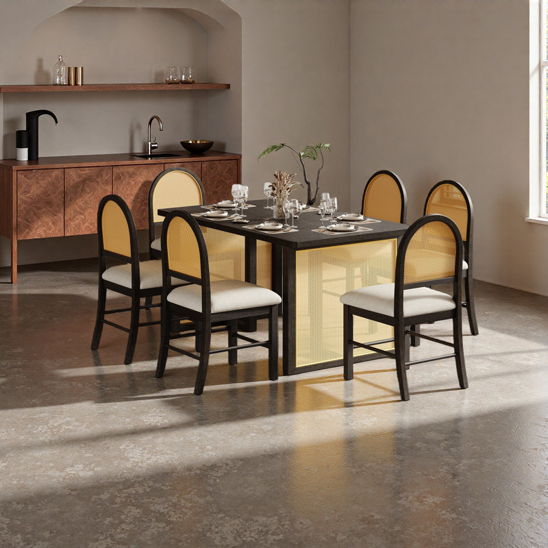 Ensemble de table de salle à manger 7 pièces pour table de salle à manger rectangulaire de 6 à 59,8 po avec placage de chêne vieilli et 6 chaises en rotin, mobilier de cuisine rustique pour la salle à manger
