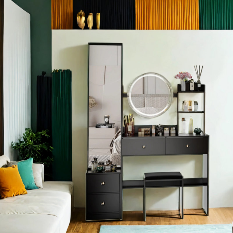  Miroir pleine grandeur avec miroir rond et meuble-lavabo 3 lumières DEL réglables à commande tactile avec grand plateau de table et espace de rangement multi-niveaux à grande capacité