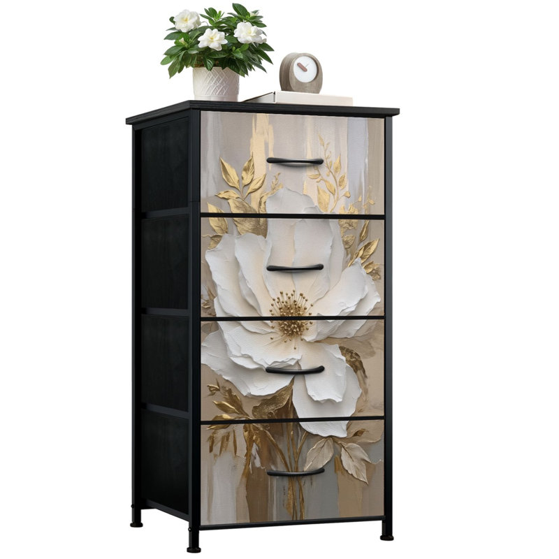 Commode pour la chambre à coucher avec 4 tiroirs de rangement Texturé blanc floral abstrait Peinture à l'huile Cadre doré Commodes de luxe modernes Commode en tissu avec cadre en acier pour vestibule