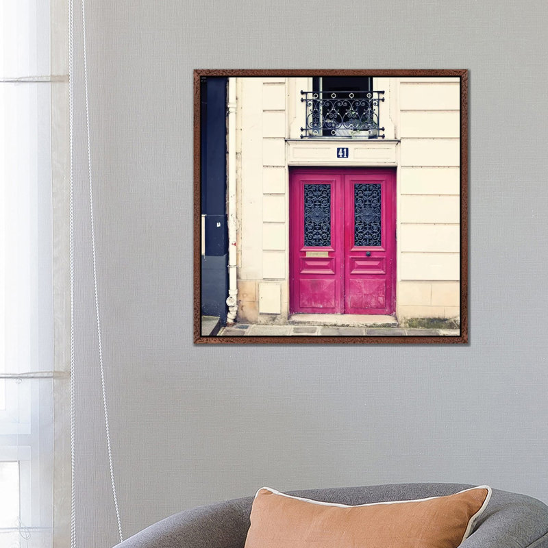 Paris Pink Door by Caroline Mint - Print on Canvas, Classic Brown Wood Framed, 66.04 cm H x 66.04 cm W