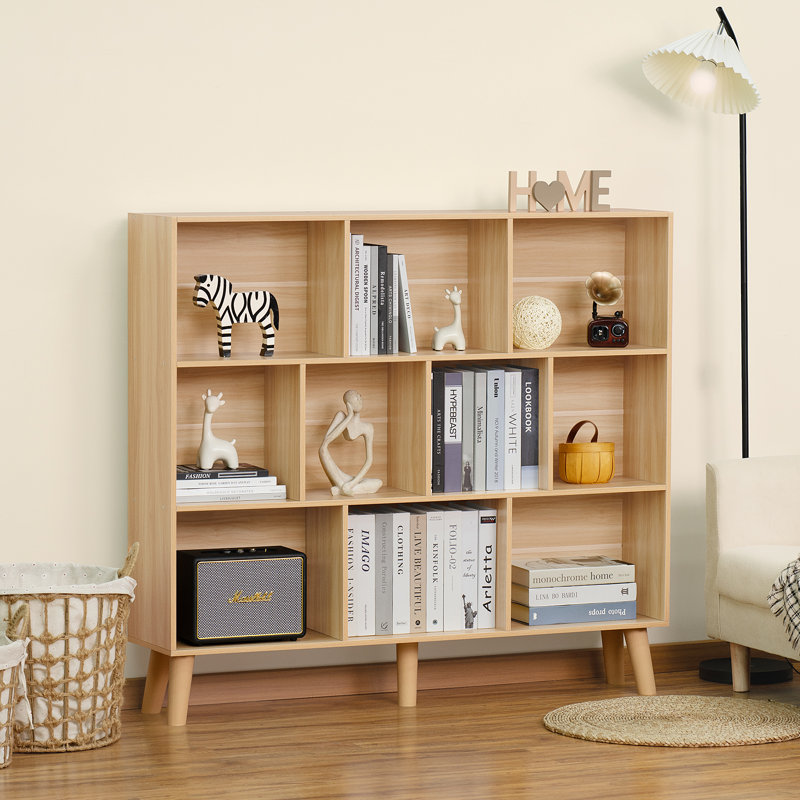 10 Cube Bookshelf,3 Tier Modern Wide Bookcase With Legs,Mid-Century Wood Bookshelves Storage，Retro Large Book Case,Freestanding Organizer Display Shelf For Bedroom,Living Room,Office