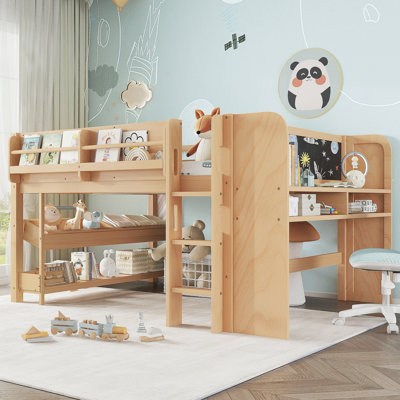 Lit mezzanine double avec bibliothèques, boîtes et tiroirs à rangement multiple, lits mezzanine bas en bois massif avec bureau et tableau noir, aucun sommier nécessaire, naturel