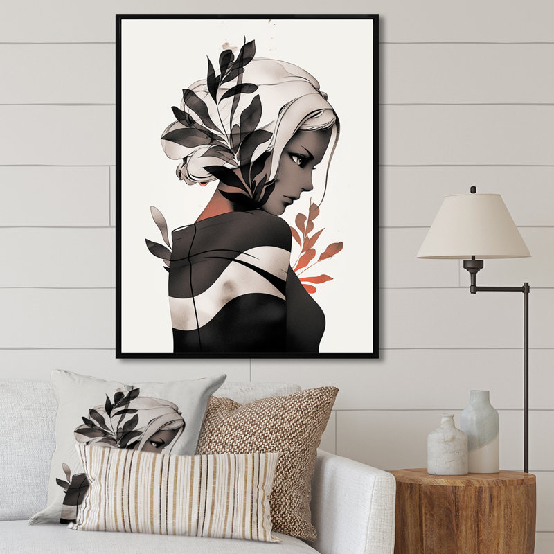 Dessin de femme tropicale, dessin I, H 40 po x l 30 po x P 1,5 po, Cadre flottant noir