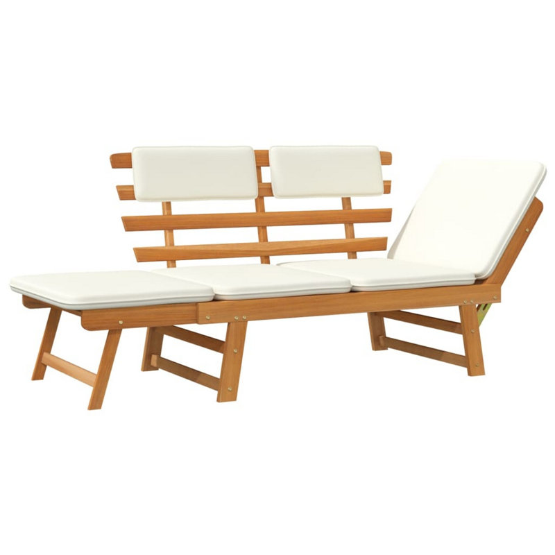 Banc d'extérieur, pliant 2 en 1, coussins blancs, bois d'acacia brun