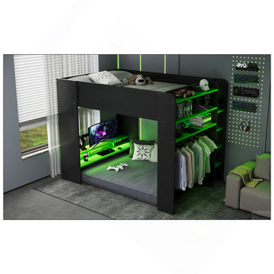 Full Size Wood Bunk Bed with height-adjustable Desk,Wardrobe,Ample Storage Space,and RGB Light
