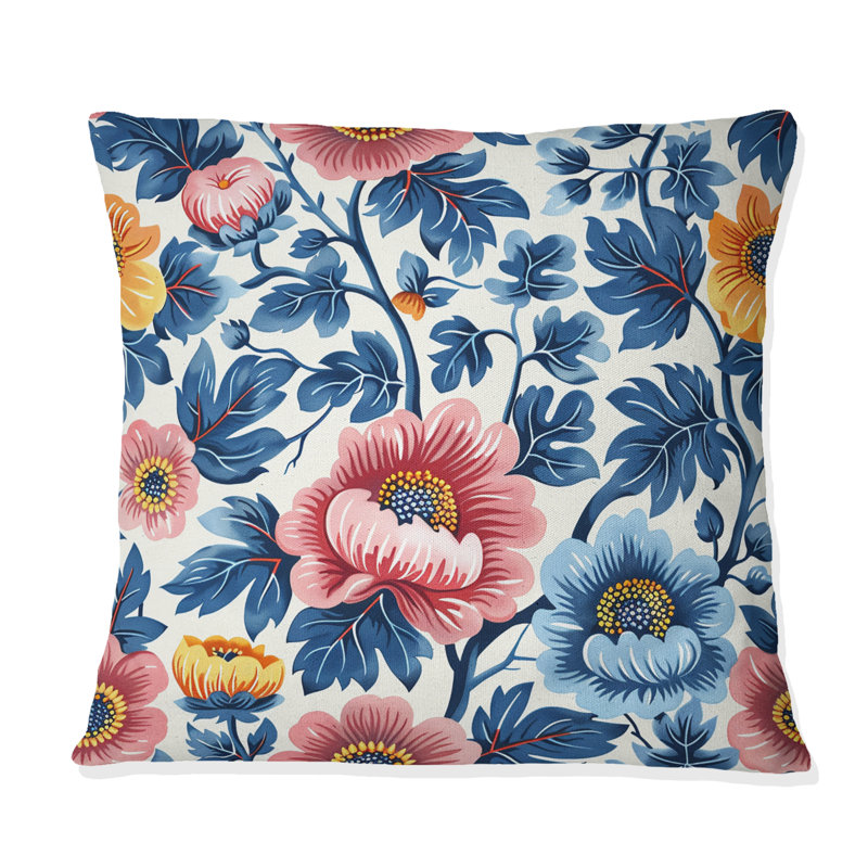 Coussin décoratif bleu avec fleurs bleues et fleurs III, H 16 po x l 16 po