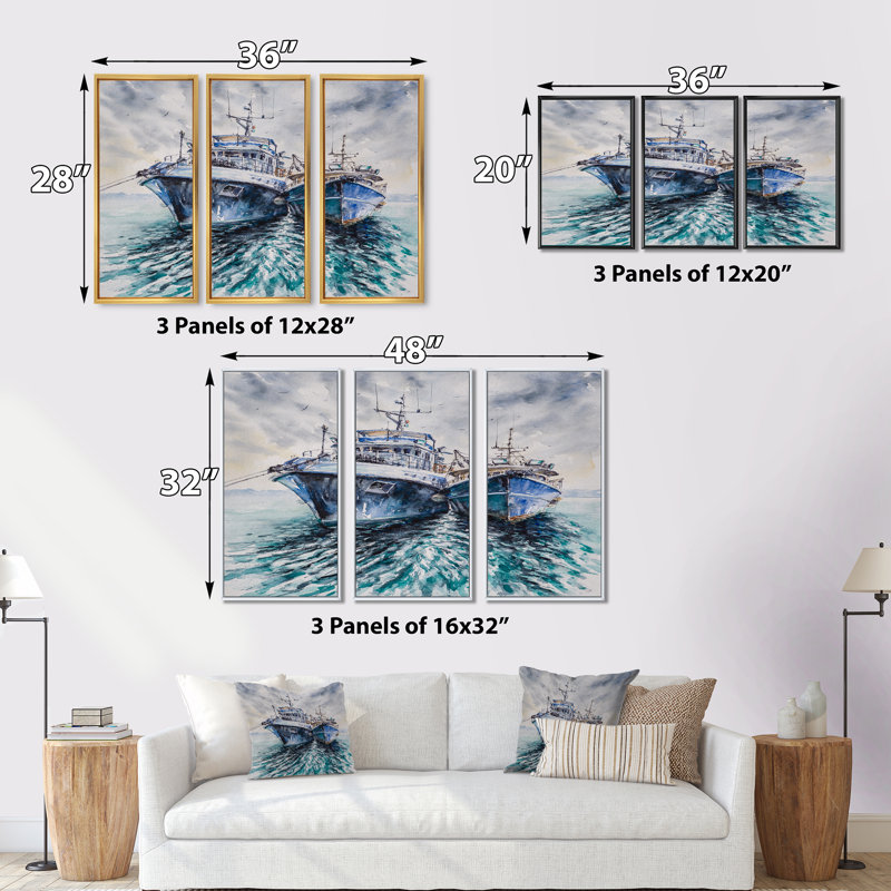 Deux bateaux de pêche avant une tempête ancrée - 3 pièces, reproduction sur toile, H 28 po x l 36 po x P 1 po, Cadre doré
