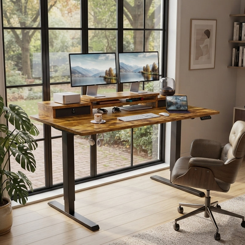 Bureau debout électrique à hauteur réglable 55 po avec 2 tiroirs, brun rétro, Brun rétro / noir, 28.5" H x 55" W x 28" D