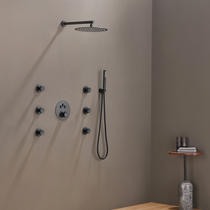 Thermostatic Rainfall Shower System with Rough in-Valve and Shower Body Spray, Matte Black