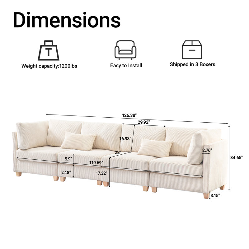126" Modern L-shaped Corduroy Sectional Sofa Bed, Modular Convertible Couches For Living Room, Beige Corduroy