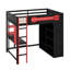 Lit mezzanine double avec bureau, garde-robe ouverte et éclairage RVB, lit de jeu rouge avec ports USB et tablettes-123282406