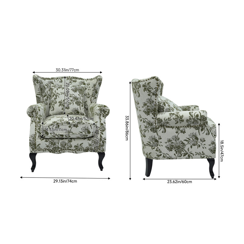 Vintage Floral Wingback Armchair with Black Rubberwood Legs