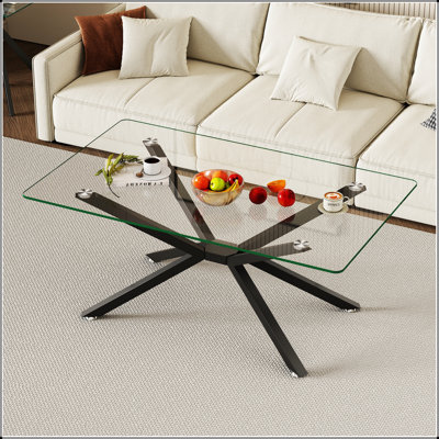 Table basse rectangulaire en verre trempé transparent de 39,37 pouces avec pieds élégants en métal doré, parfaite pour les salons modernes
