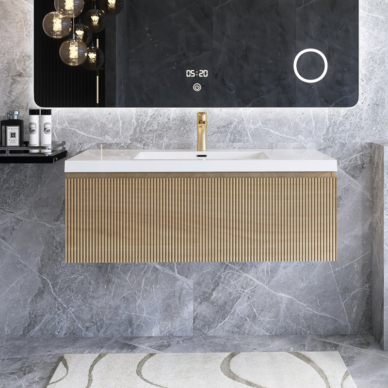 Meuble-lavabo mural moderne à rayures avec lavabo et tiroir à fermeture en douceur, 42"