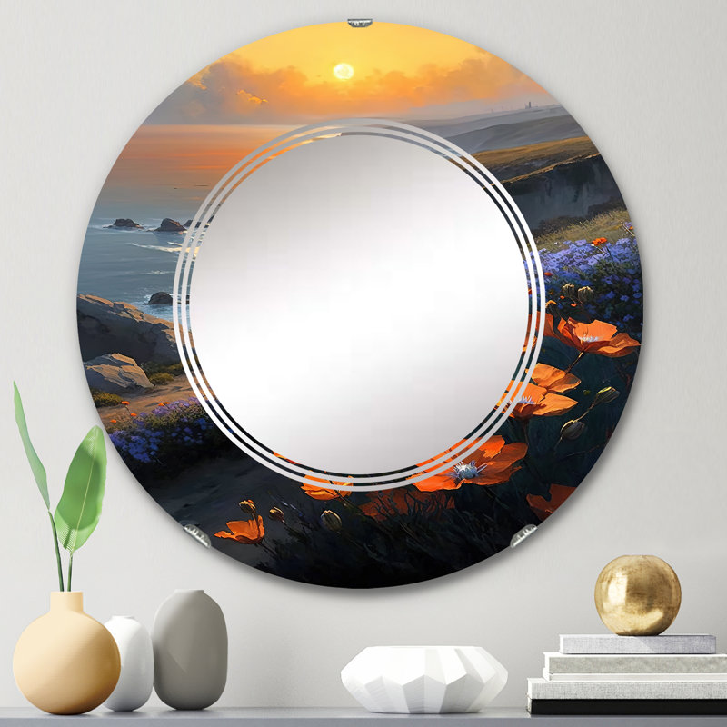 Paytn fleurs orange par la côte II - miroir mural plage, 24 po x 24 po