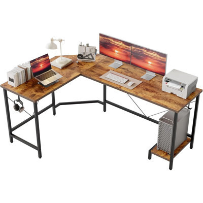 Bureau d'ordinateur moderne en forme de L, bureau de coin de bureau de 66 po avec tablettes de rangement, grand bureau de jeu d'angle avec support pour unité centrale, poste de travail spacieux pour jouer et travailler, brun rustique
