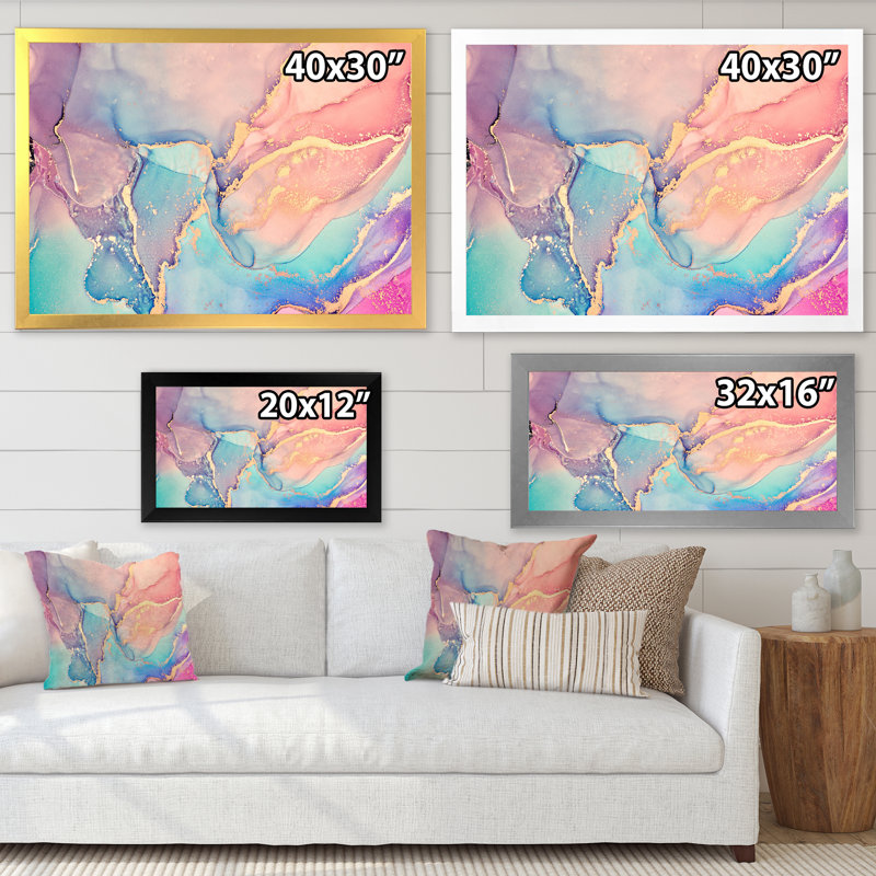 Art liquide rose et bleu II - reproduction sur toile, Encadrement doré, H 24 po x l 32 po