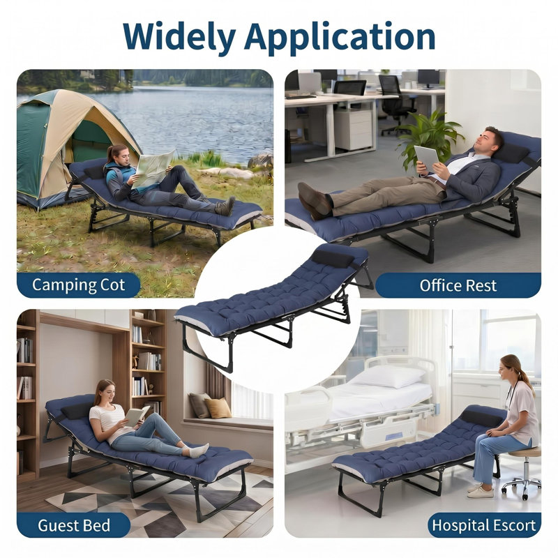 Lit de camp pliable pour adultes avec matelas, lit de camp pliant robuste avec oreiller réglable à 5 angles pour le soutien de bureau de randonnée 400 lb, bleu