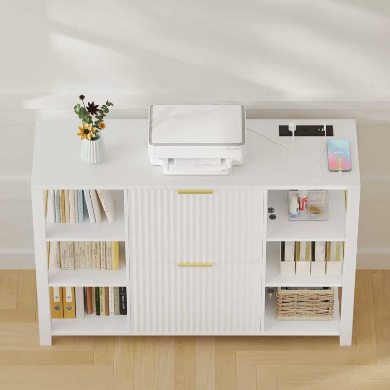 Luxury 2-Drawer Filing Cabinet With Lock, Fluted Wood Doors & Open Display Shelves – Modern Designer Office Storage Console