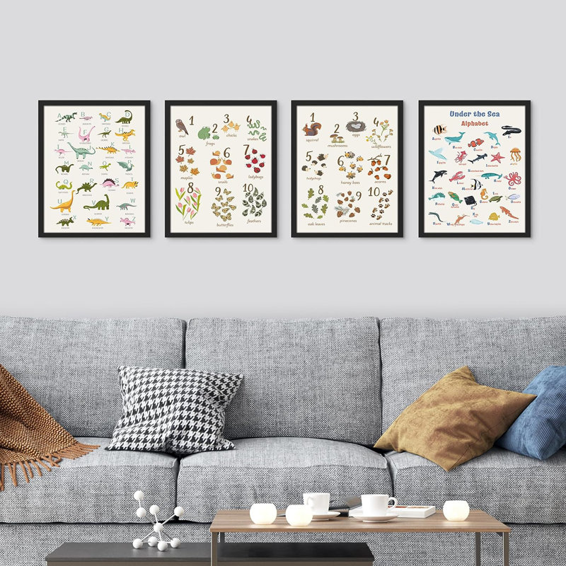 Safari Woodland Animals Alphabet - 4 Piece Single Picture Frame Print Set, Black Framed, 14" H x 11" W x 1" D