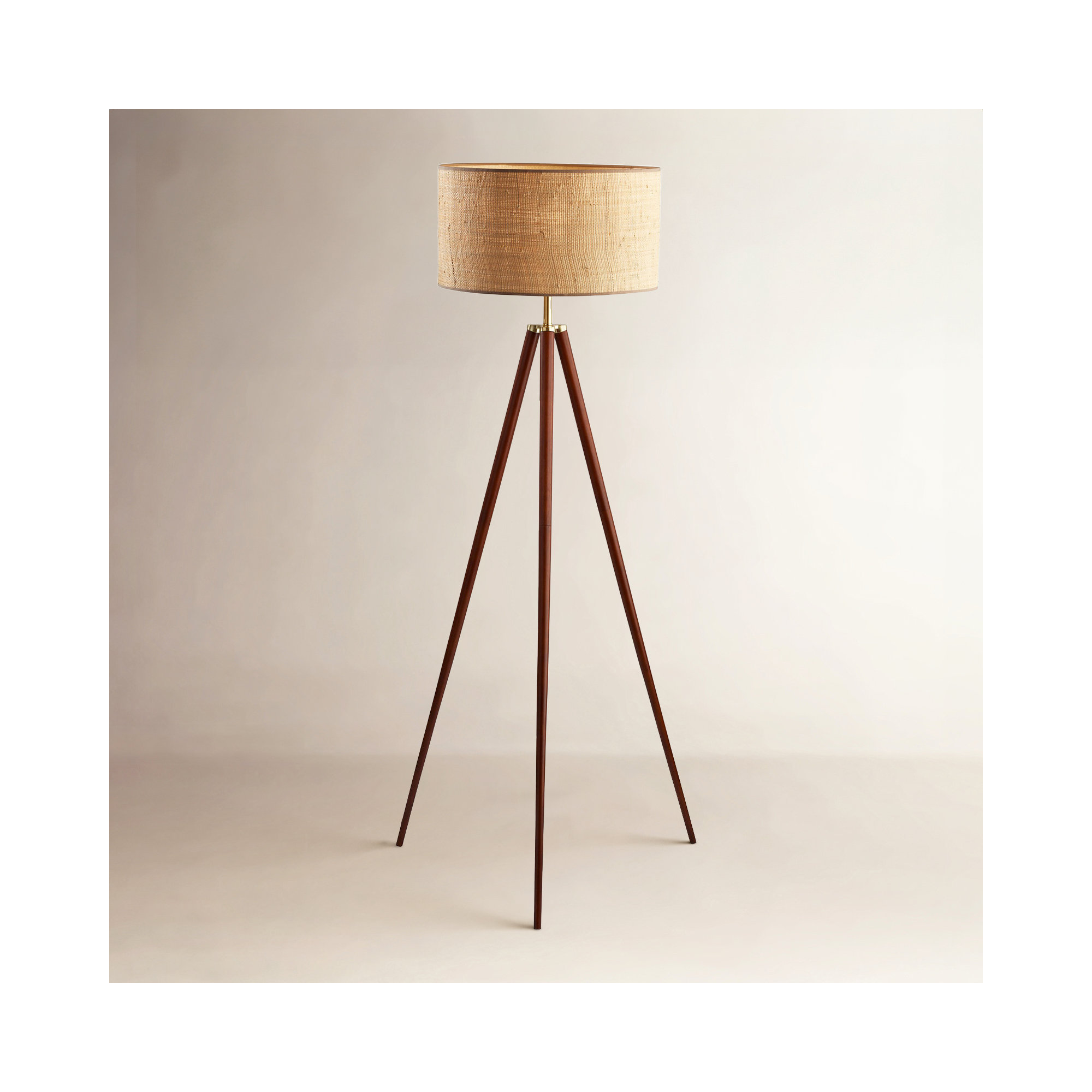 Kisa 60.5'' Dimmable Floor Lamp, Walnut Wood w. Antique Brass Accents, Woven Natural Rattan Shade w. Beige Trim