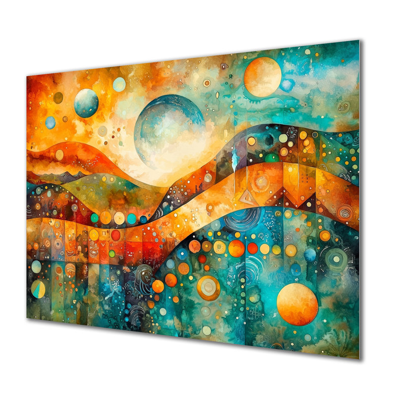 Abstrait paysage des prairies dans l'espace - Art mural géométrique en métal, impression moderne sur métal