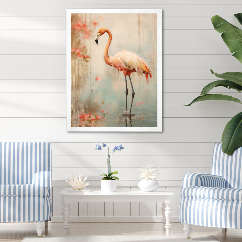 «Pink Flamingo Paradise IV», reproduction sur toile, Cadre simple blanc, H 20 po x l 12 po x P 1 po