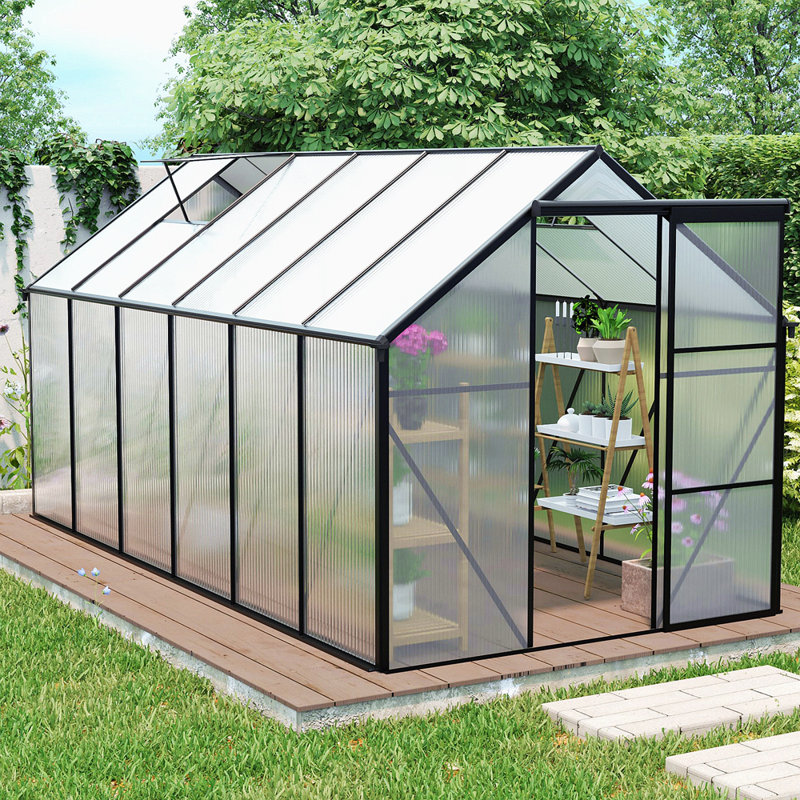 Base surélevée en polycarbonate de 6 pi x 12 pi et serres robustes en aluminium pour ancrage pour cour arrière en toute saison