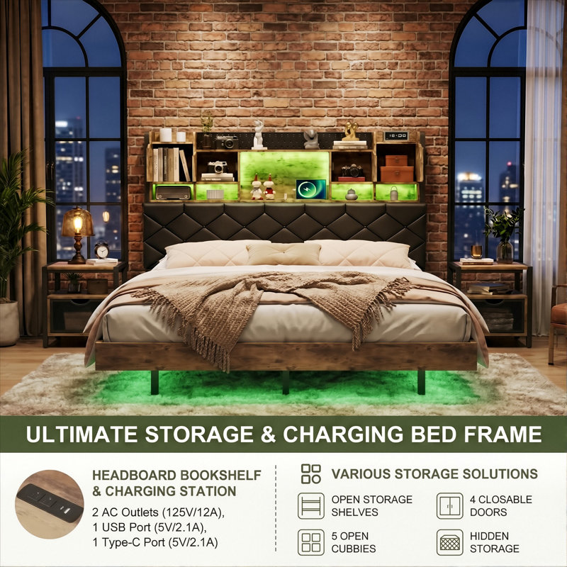 Floating Industrial Upholstered Storage Bed Frame With Charging Station, App Control LED & Hidden Headboard Compartment, 140X200cm Double / 160X200cm King