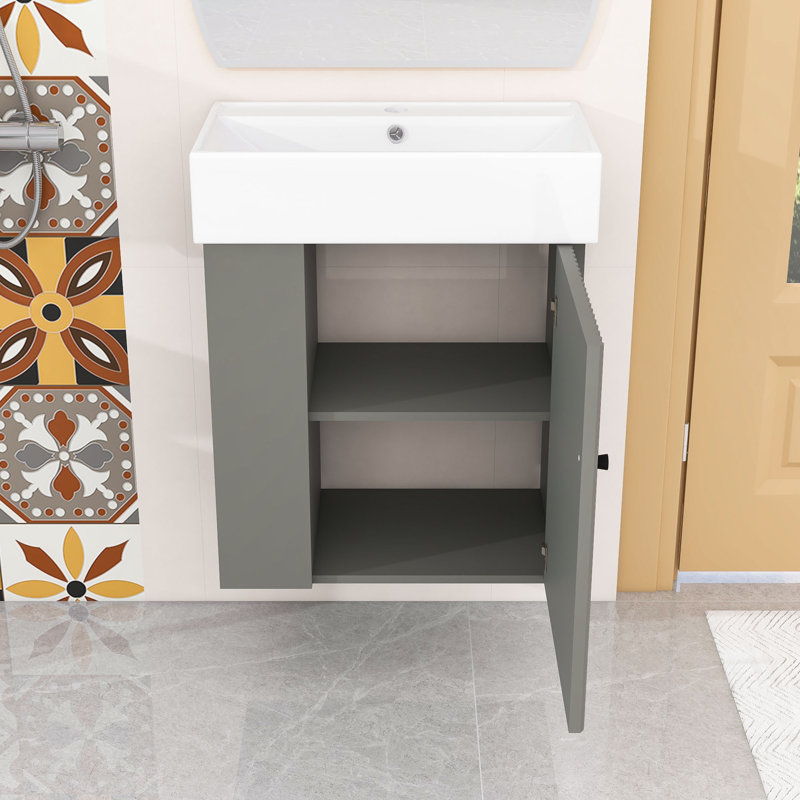 Meuble-lavabo moderne flottant avec porte à motif de vagues, lavabo en céramique et tablettes de rangement, Gris