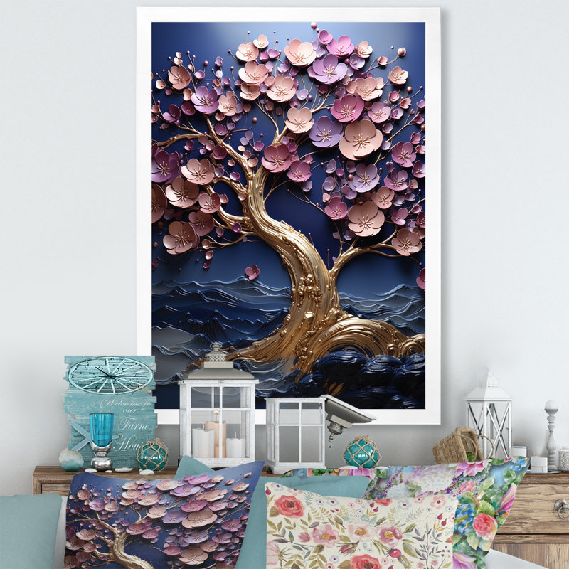 Orchidée dorée, jardin de branches II - art mural arbre, H 32 po x l 16 po x P 1 po, Cadre simple blanc