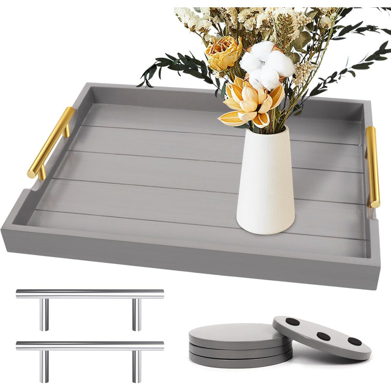 Large Wooden Serving Tray With Handles For Coffee Table And Ottoman - Rustic Farmhouse Style Wood Tray With 4 Round Coasters - Lightweight And Sturdy For Living Room Decor
